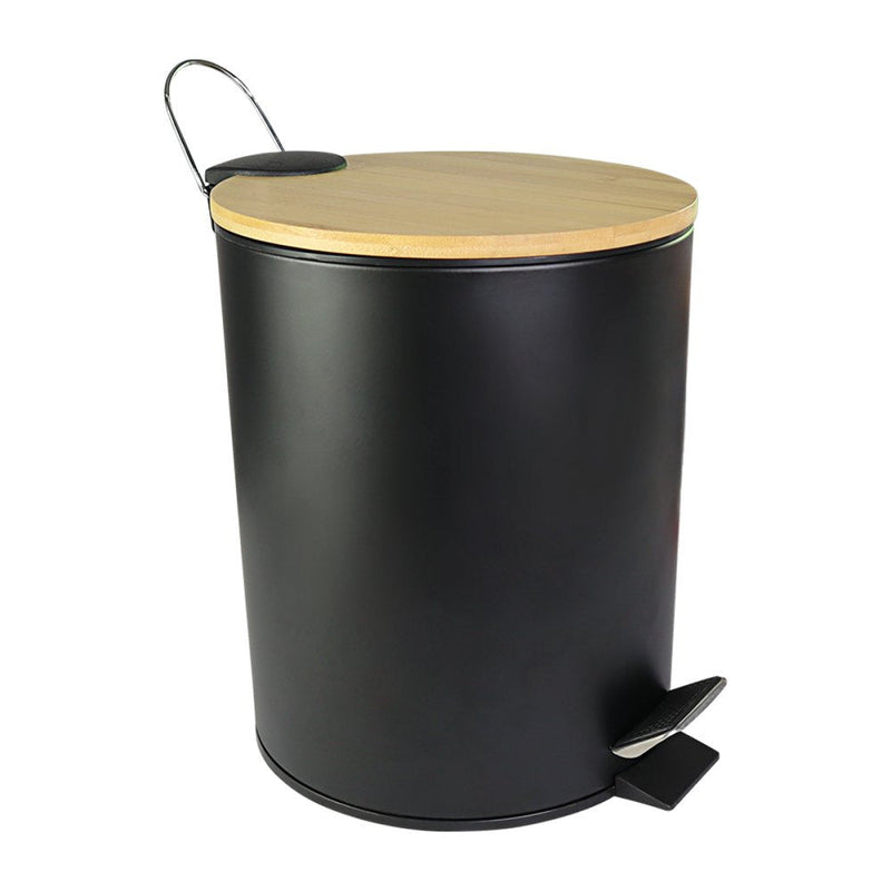 Lixeira de Inox Preta com Tampa de Bambu 5 Litros - Presente Park