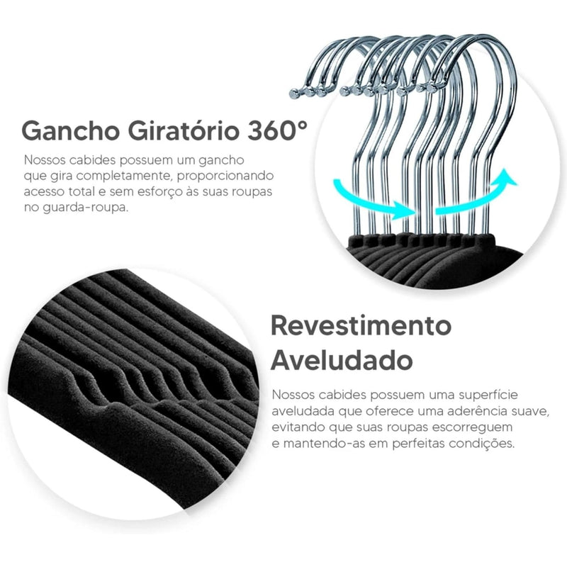Kit 30 Cabides de Veludo Slim Adulto Antideslizante Ultrafino para Roupas Camisas Calças Vestido