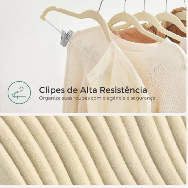 Kit 50 Cabide de Veludo Slim com Presilha de Metal Preto Cinza Bege Antiaderente Reforçado Elegante