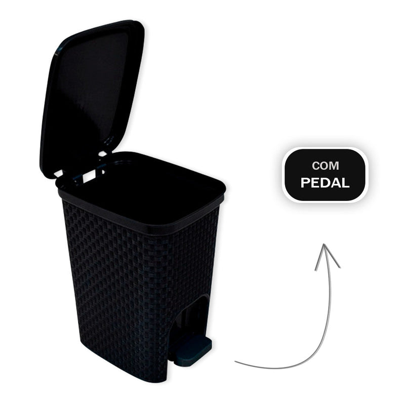 Lixeira com Pedal Trama Rattan 7 litros Preta - Presente Park