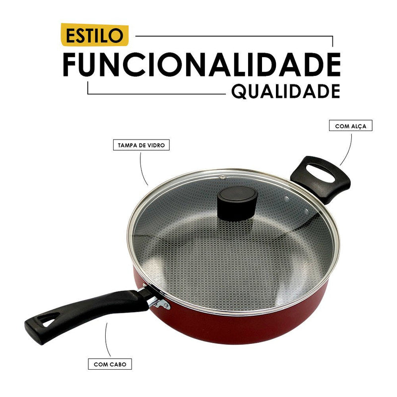Frigideira Enjoy Reta 24cm Com Tampa de Vidro e Alça - Vermelha - Presente Park
