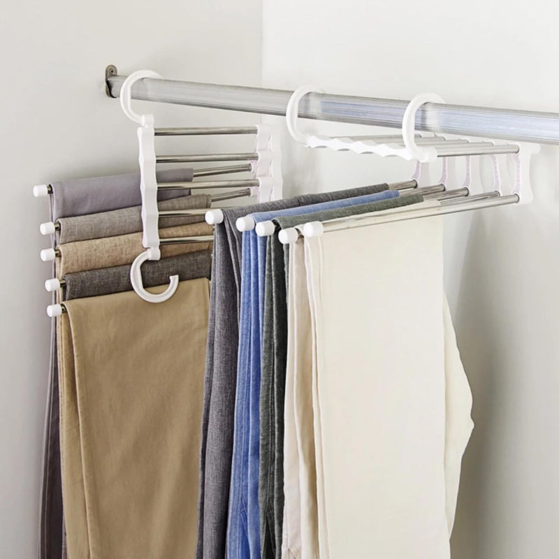 Kit 2 Cabide Multifuncional 5 Divisórias Retrátil Inox para Calças Bermudas Saias Gravatas