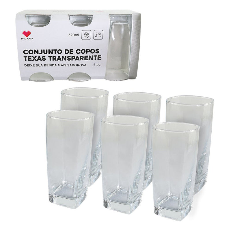 Jogo 6 Copos Quadrado Texas Vidro 320ml - Presente Park