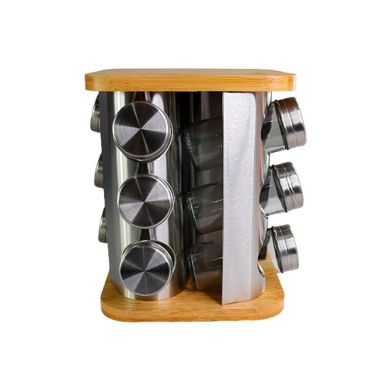 Porta Condimentos Giratório Inox com Base de Bambu 12 Potes 90ml - Presente Park