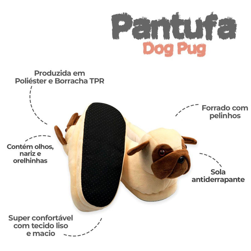 Pantufas de Cachorro Pug 3D Tamanho Único - Presente Park