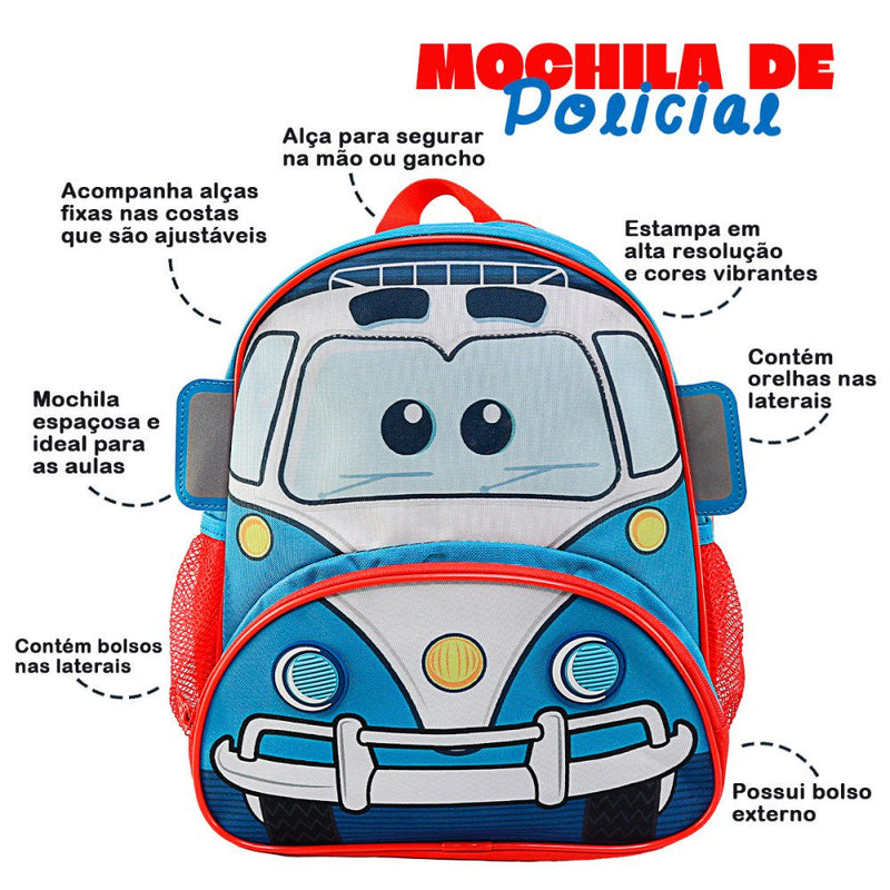 Mochila Infantil Com Alças - Fusca Policia - Presente Park