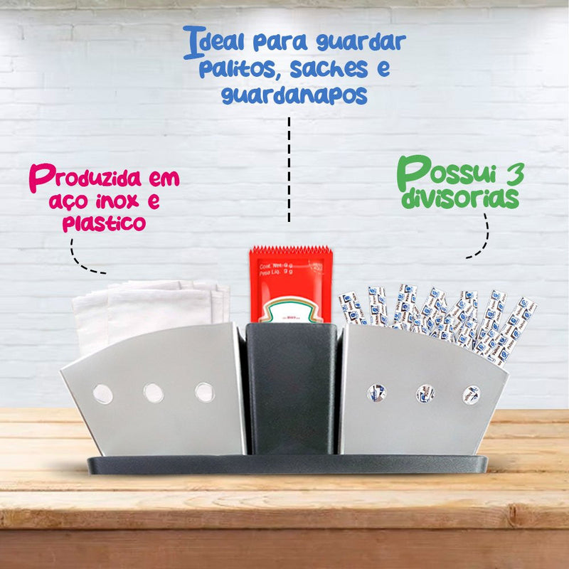 Porta Sachês de Inox com Suporte para Palitos de Dente para Açúcar, Sal, Ketchup - Presente Park