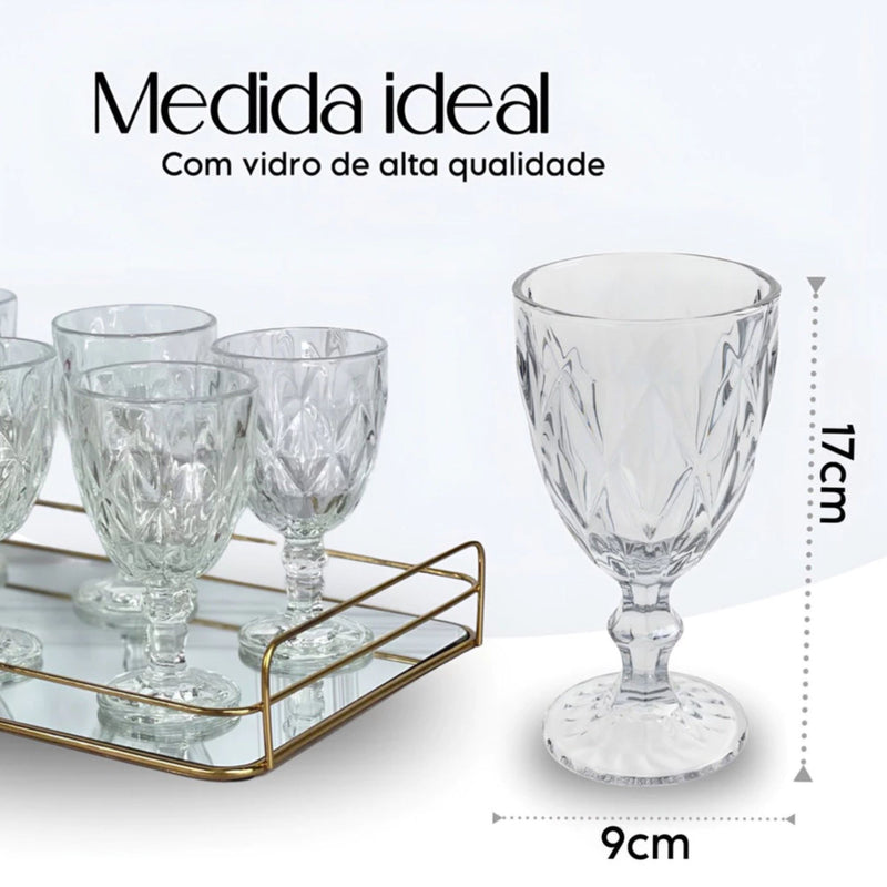 Jogo 12 Taças Diamond 330ml Vidro Reforçado Bico de Jaca Luxo para Água Vinho Suco