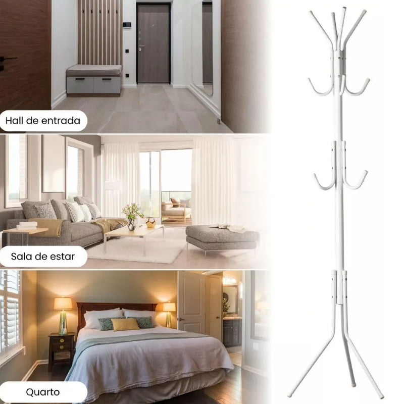 Cabideiro Mancebo de Chão Arara Tripé Alumínio 12 Ganchos Organizador para Roupas Chapéu Bolsa