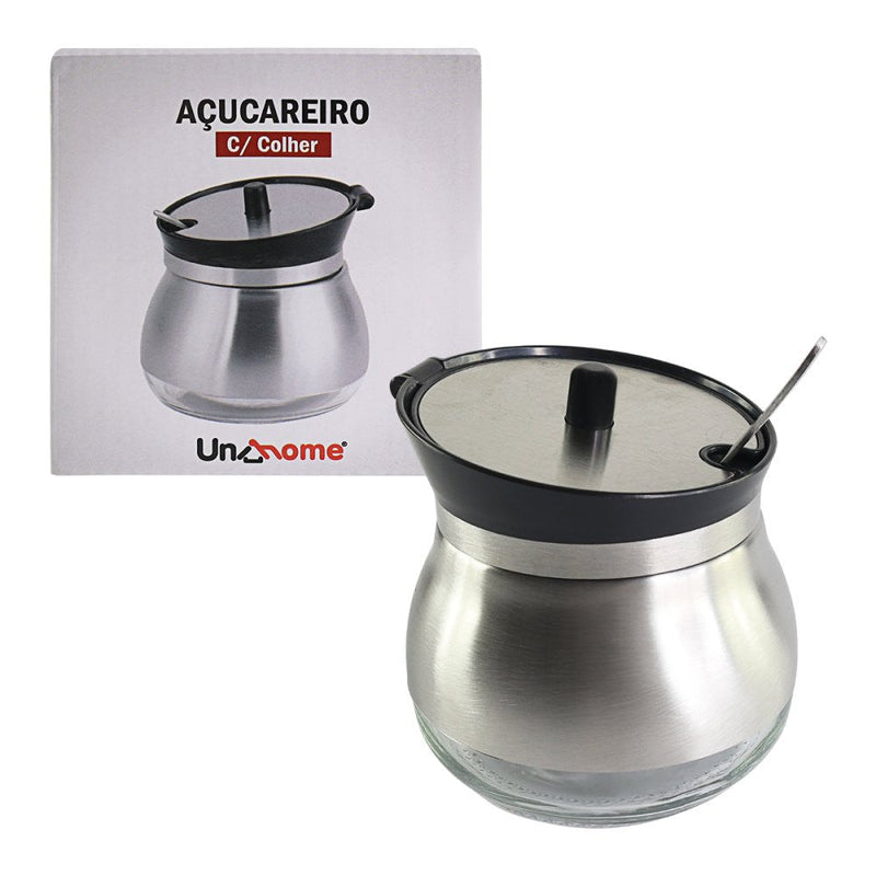 Açucareiro com Colher de Aço Inox e Fundo de Vidro - Presente Park