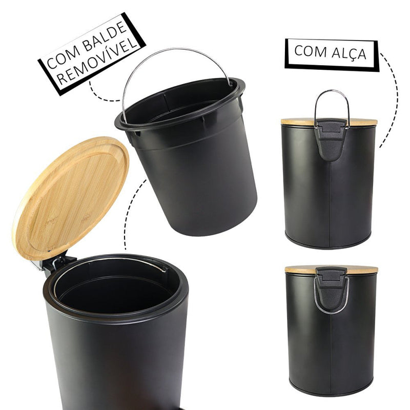 Lixeira de Inox Preta com Tampa de Bambu 5 Litros - Presente Park