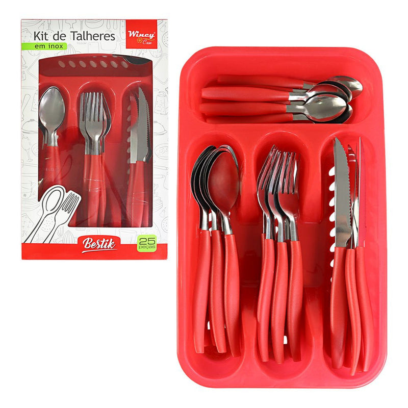 Jogo De Talheres Faqueiro Aço Inox Com Gaveteiro - Vermelho - Presente Park