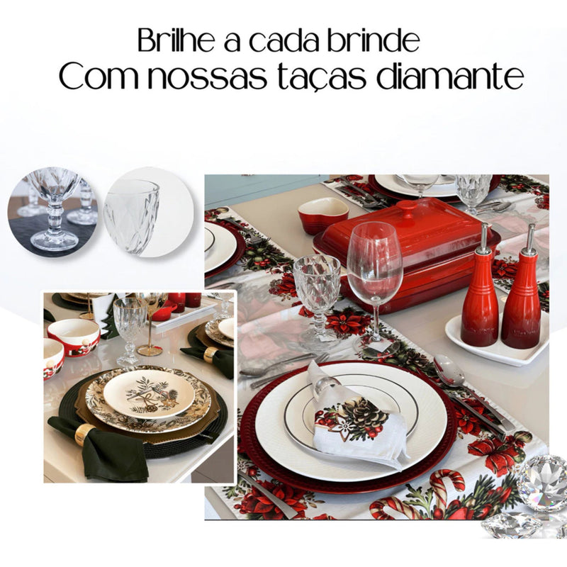 Jogo 6 Taças Diamond 330ml Vidro Reforçado Bico de Jaca Luxo para Água Vinho Suco