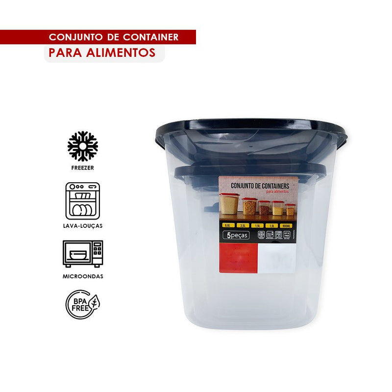 Kit 05 Porta Mantimentos Com Tampa 5 Peças Preta - Presente Park