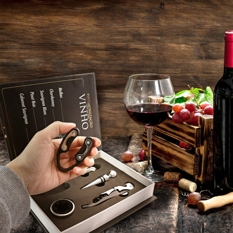 Kit Vinho Abridor Dosador Saca Rolhas Tampa Livro 05 Peças - Presente Park