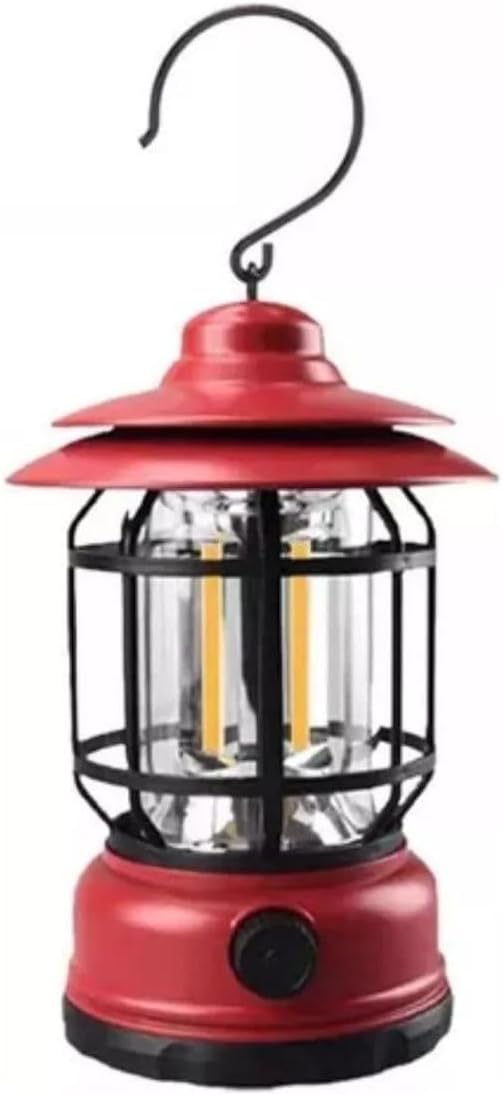 Lampião Lanterna Led Portátil De Camping Barraca Retro Recarregável Via USB Tipo C Luminária Para Acampamento e Pesca Com Regulagem De Intensidade Gancho Pendurar Bateria Longa Duração - Presente Park