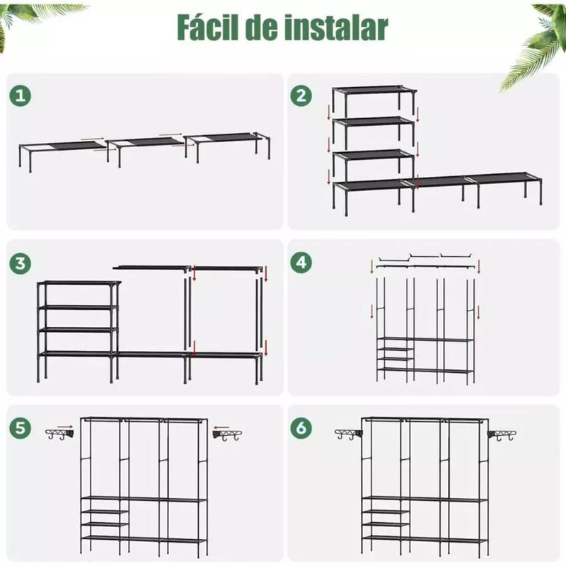 Guarda Roupa Portátil Aberto Arara Desmontável Multifuncional Sapateira de Chão 3 Colunas