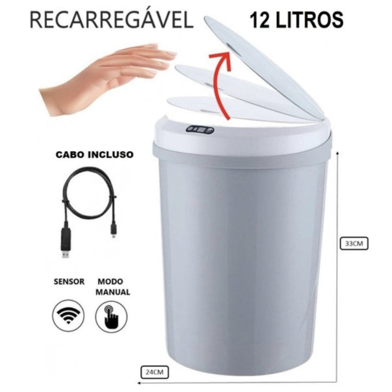 Lixeira Automática Redonda 12 Litros com Sensor Cinza - Presente Park