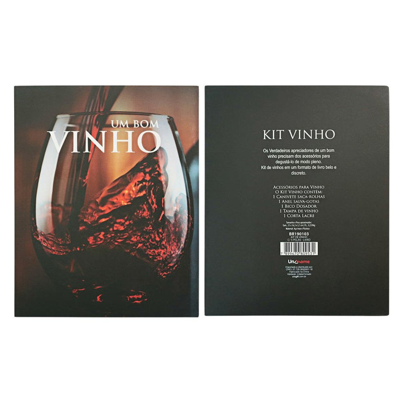 Kit Vinho Abridor Dosador Saca Rolhas Tampa Livro 05 Peças - Presente Park