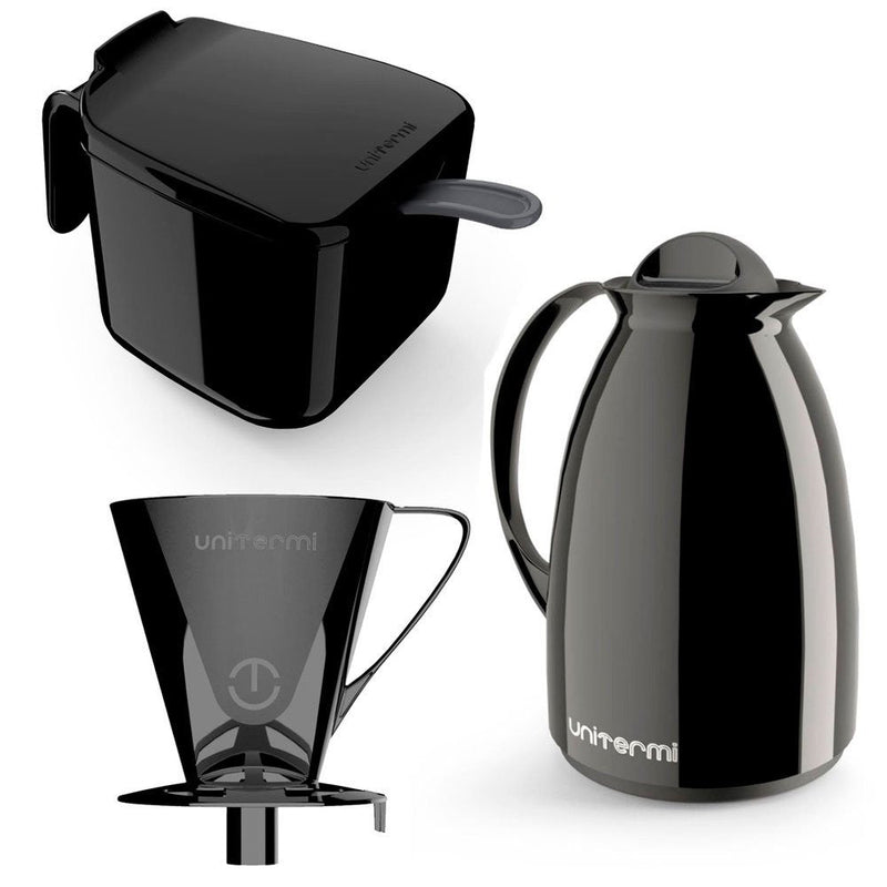 Kit Garrafa Termica Café Prático com Açucareiro com Colher e Suporte para Filtro - Preto - Presente Park