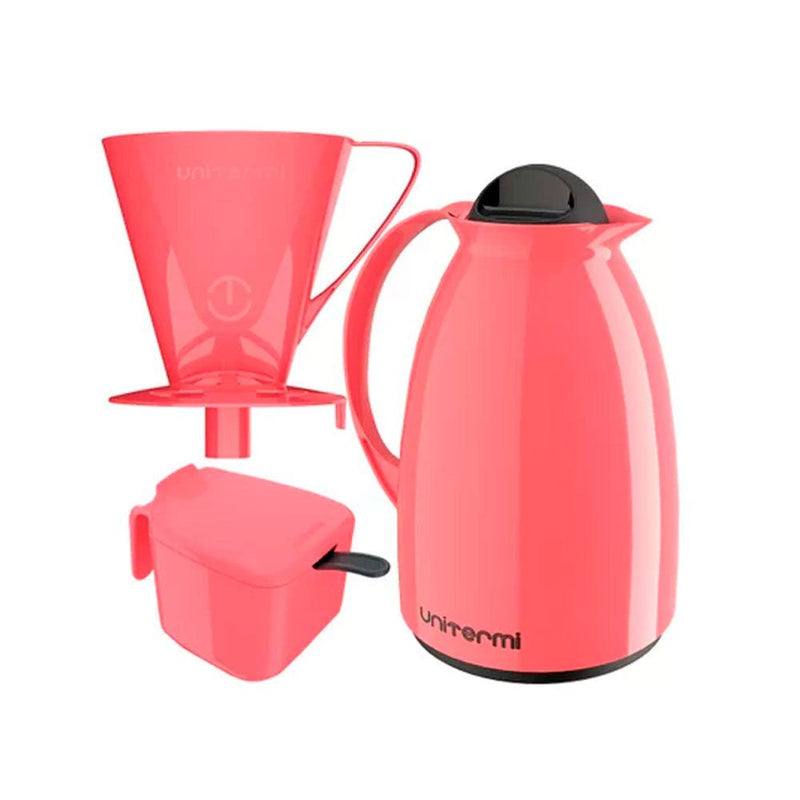 Garrafa Termica Café Kit Pratico Açucareiro + Suporte Filtro Cor Rosa - Presente Park