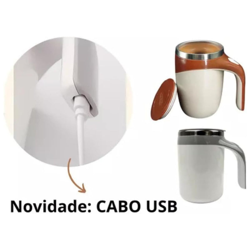 Caneca Copo Mixer Térmico Recarregável USB Inox Automático 380ml com Tampa para Shake Café