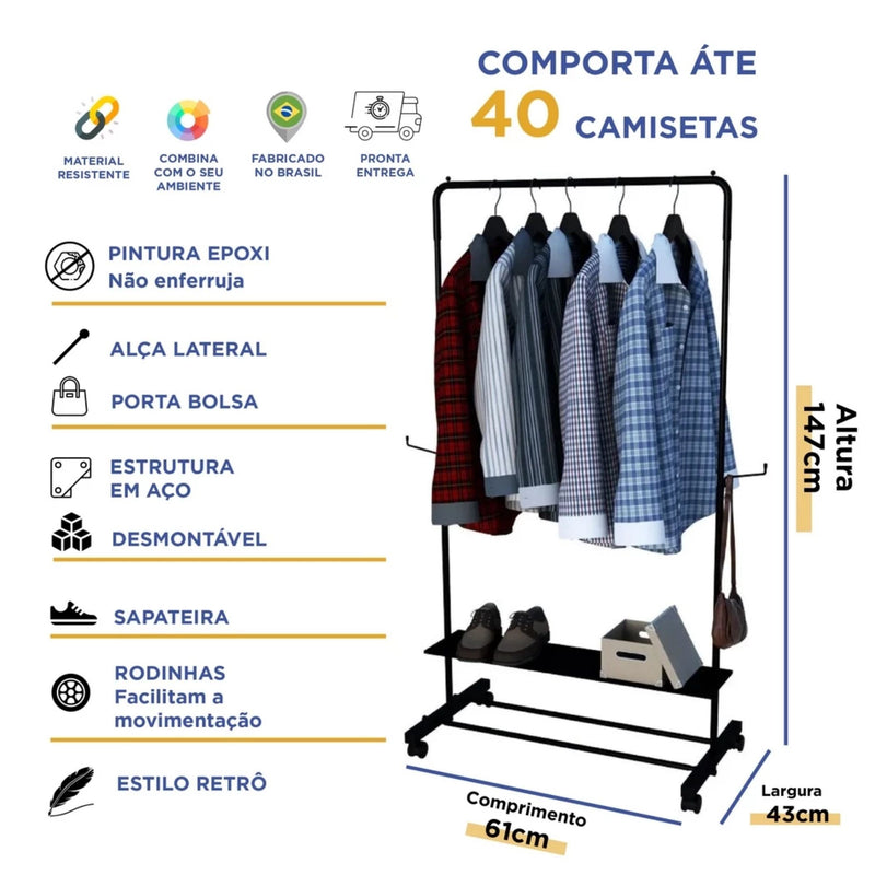 Cabideiro Arara de Roupa Aço Sapateira com Rodinhas para Quarto Closet Vitrine Loja