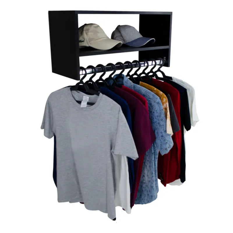 Cabideiro Arara de Parede para Roupas 60cm com Nicho Madeira MDF Metal Quarto Closet Loja