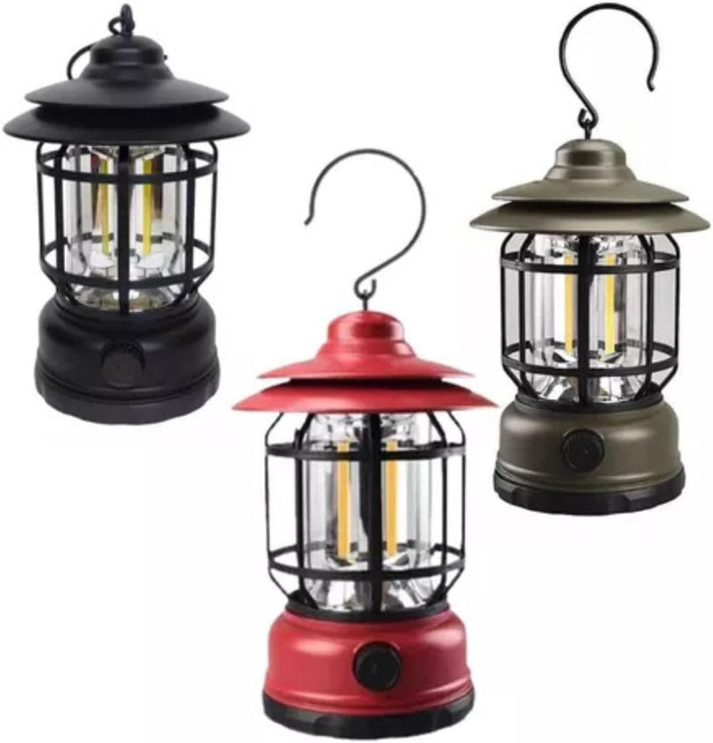 Lampião Lanterna Led Portátil De Camping Barraca Retro Recarregável Via USB Tipo C Luminária Para Acampamento e Pesca Com Regulagem De Intensidade Gancho Pendurar Bateria Longa Duração - Presente Park