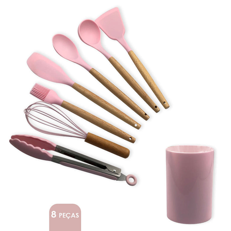 Conjunto de Utensilios Silicone 8 Peças - Rosa - Presente Park