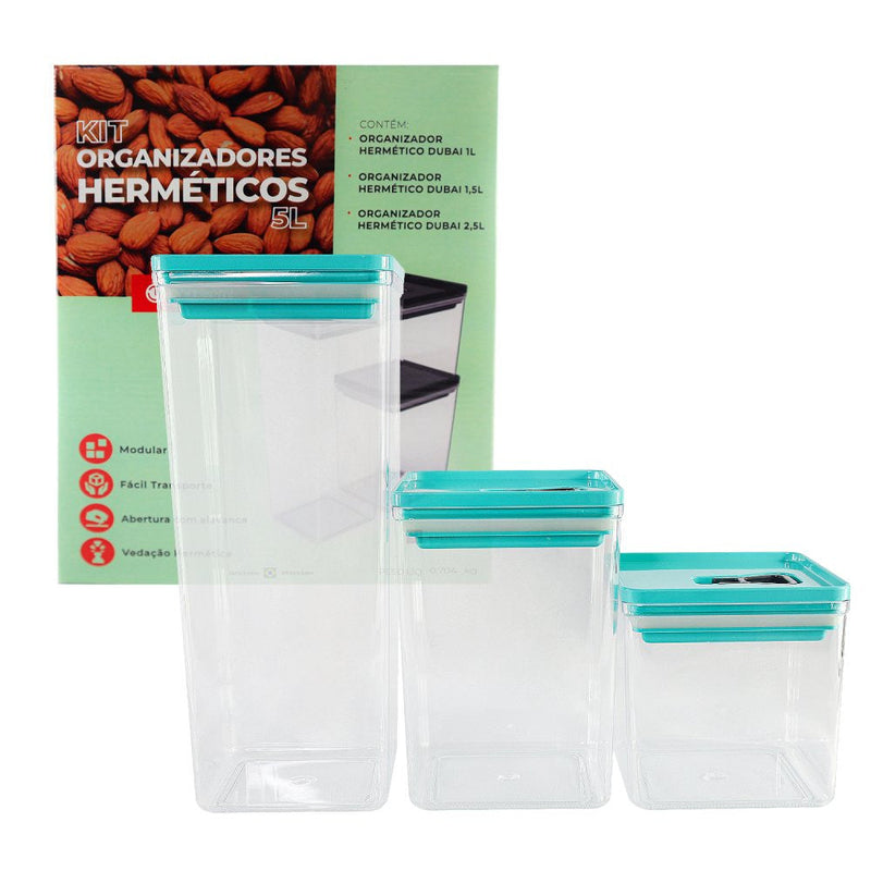Kit Organizador Hermético Dubai Verde Tiffany 5 Litros - Presente Park