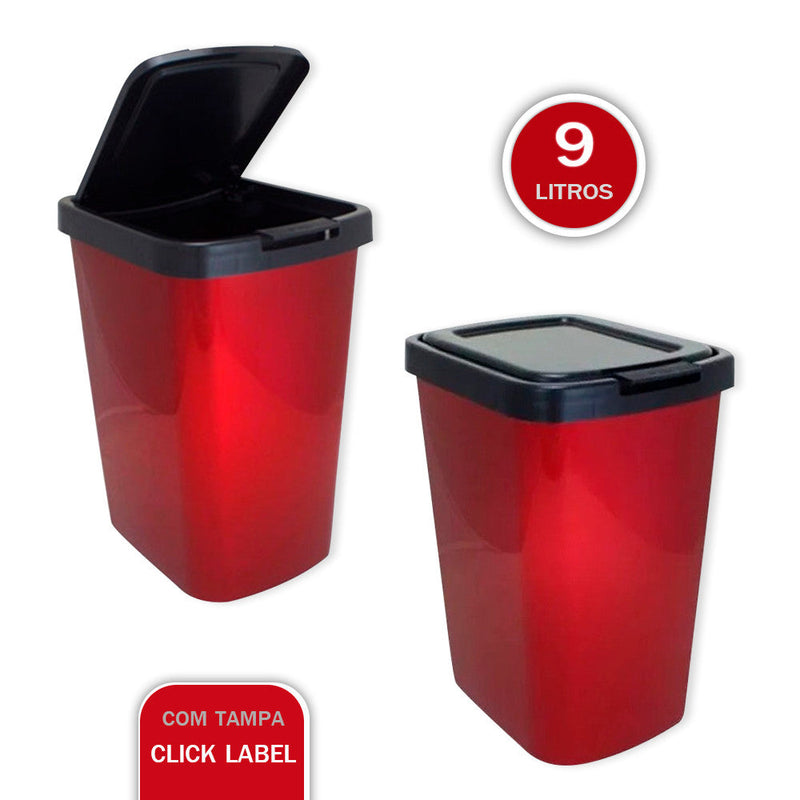 Lixeira Cesto 9 Litros com Tampa Click Label Vermelha Metalizada - Presente Park