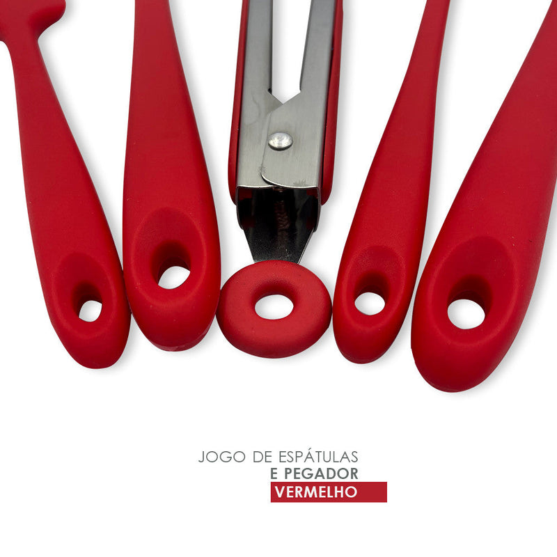 Conjunto De Espátulas E Pegador Em Silicone Unyhome 5 Peças - VERMELHO - Presente Park