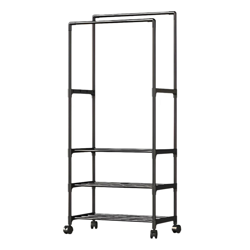 Arara de Roupas Cabideiro Duplo Multiuso com 3 Prateleiras Organizadoras de Piso Chão