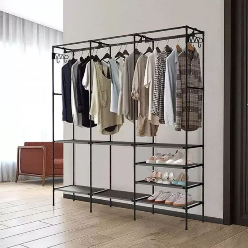 Guarda Roupa Portátil Aberto Arara Desmontável Multifuncional Sapateira de Chão 3 Colunas