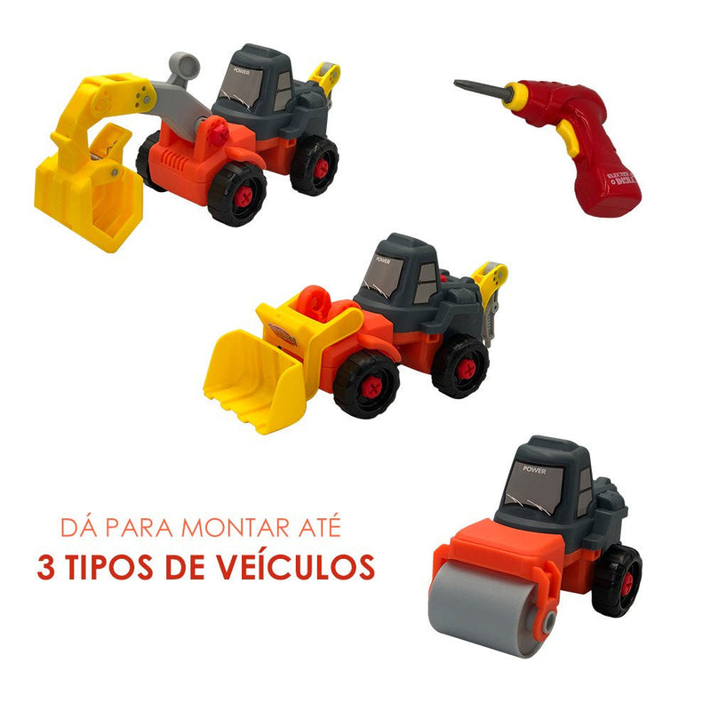 Kit Trator Escavadeira Guincho e Rolo 3 em 1 com Parafusadeira - Presente Park