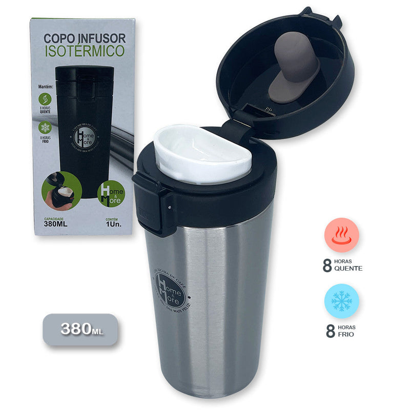 Copo Térmico Infusor 380ml Aço Inox Garrafa A Vácuo - CINZA - Presente Park