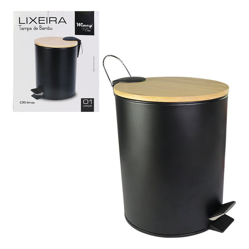 Lixeira de Inox Preta com Tampa de Bambu 5 Litros - Presente Park