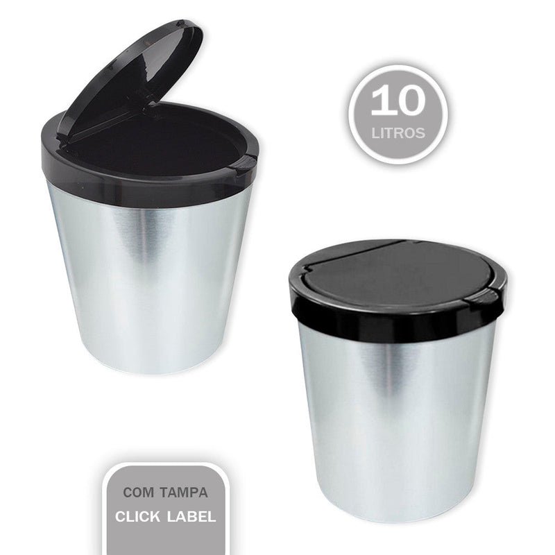 Lixeira Cesto 10 Litros Tampa Click Label Redonda Cor Prata Inox - Presente Park