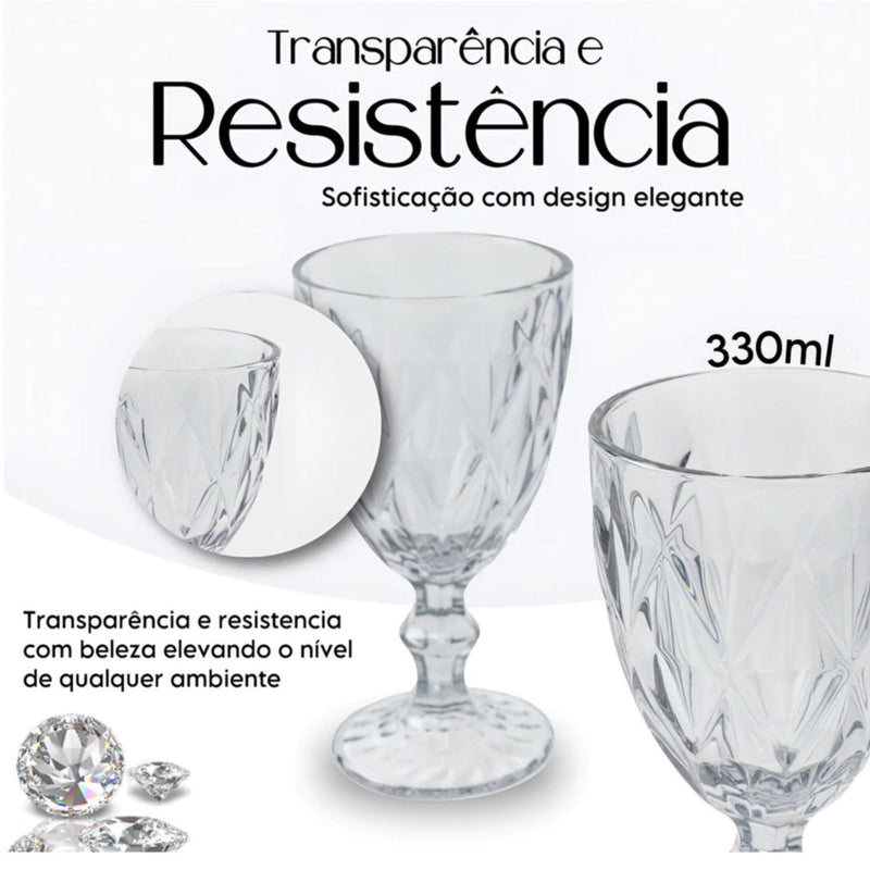 Jogo 12 Taças Diamond 330ml Vidro Reforçado Bico de Jaca Luxo para Água Vinho Suco
