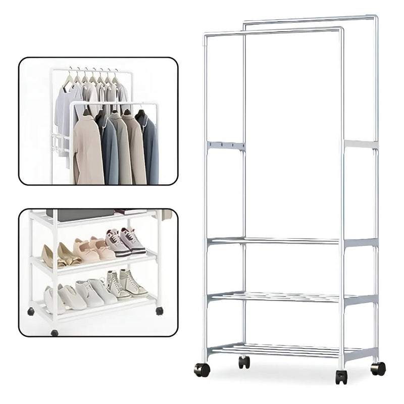 Arara de Roupas Cabideiro Duplo Multiuso com 3 Prateleiras Organizadoras de Piso Chão