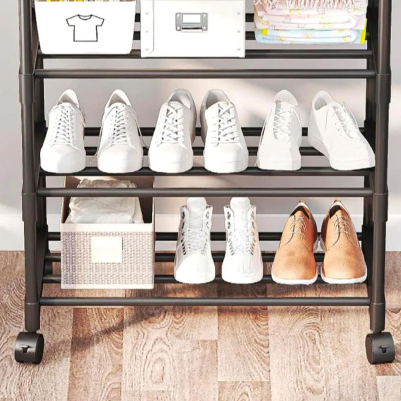 Arara de Roupas Cabideiro Duplo Multiuso com 3 Prateleiras Organizadoras de Piso Chão