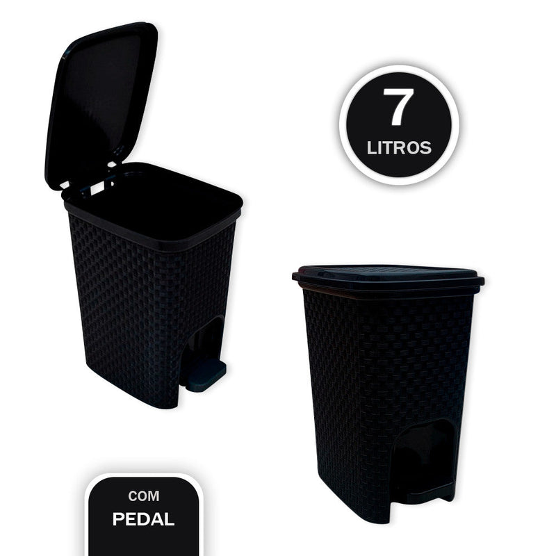 Lixeira com Pedal Trama Rattan 7 litros Preta - Presente Park