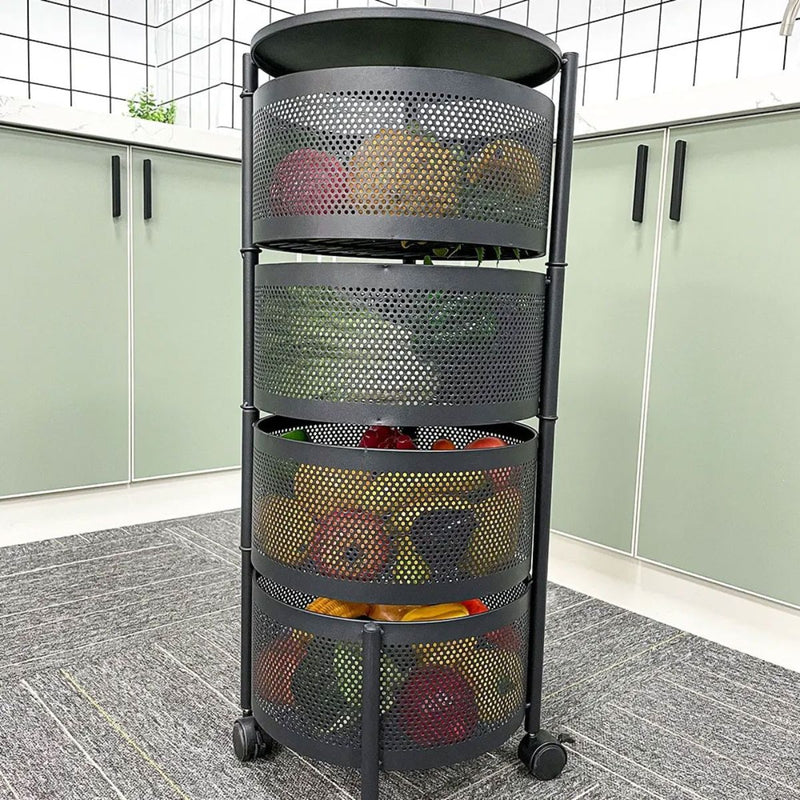 Fruteira De Chão Cestos Organizador Articulado Para Cozinha Vertical Com Rodas 4 Andares Giratório Cestos Rodinhas Redonda - Presente Park