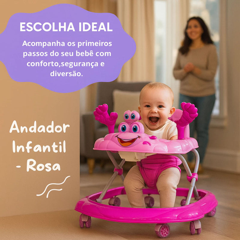 Andador Infantil de Bebê Rosa para Menina Dobrável Com Brinquedos Interativo e Educativo