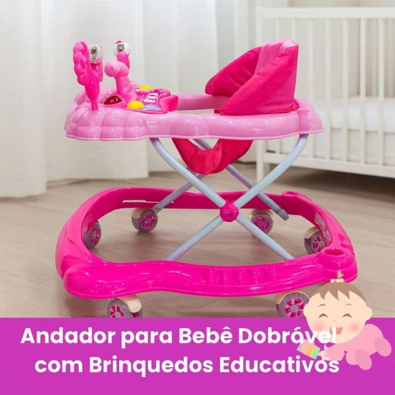 Andador Infantil de Bebê Rosa para Menina Dobrável Com Brinquedos Interativo e Educativo