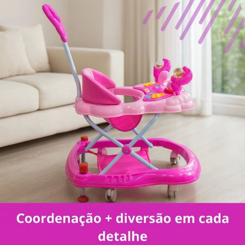 Andador Infantil de Bebê Rosa para Menina Dobrável Com Brinquedos Interativo e Educativo