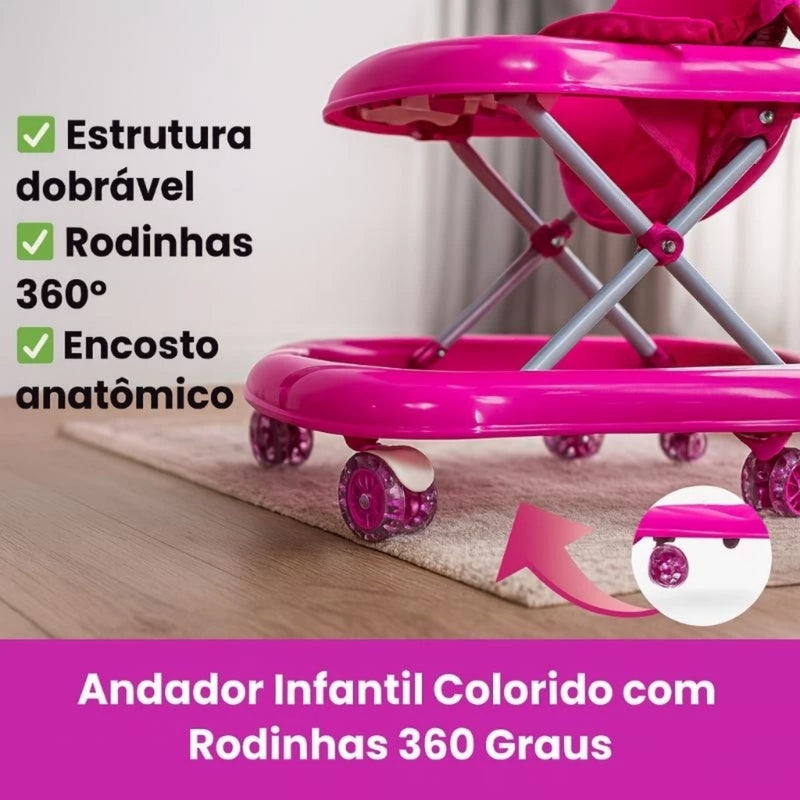 Andador Infantil de Bebê Rosa para Menina Dobrável Com Brinquedos Interativo e Educativo