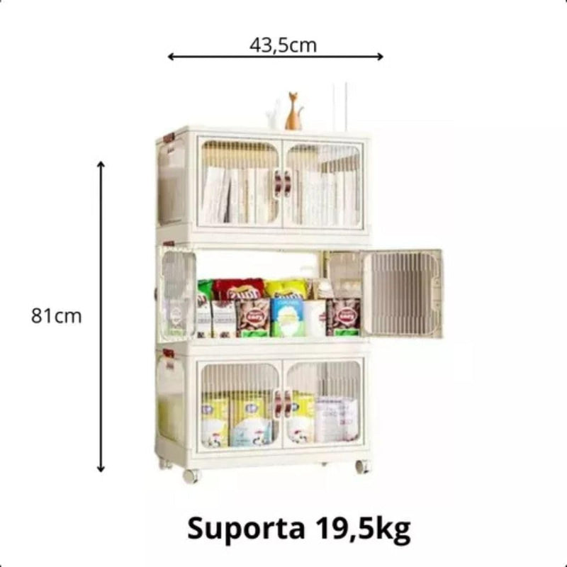 Armário Multiuso 3 Caixa Armazenamento Organizador Dobrável Com Rodinha Empilhável Vertical Prateleira Organizadora Guarda Roupas Visor Transparente Para Quarto Dispensa Sapateira - Presente Park