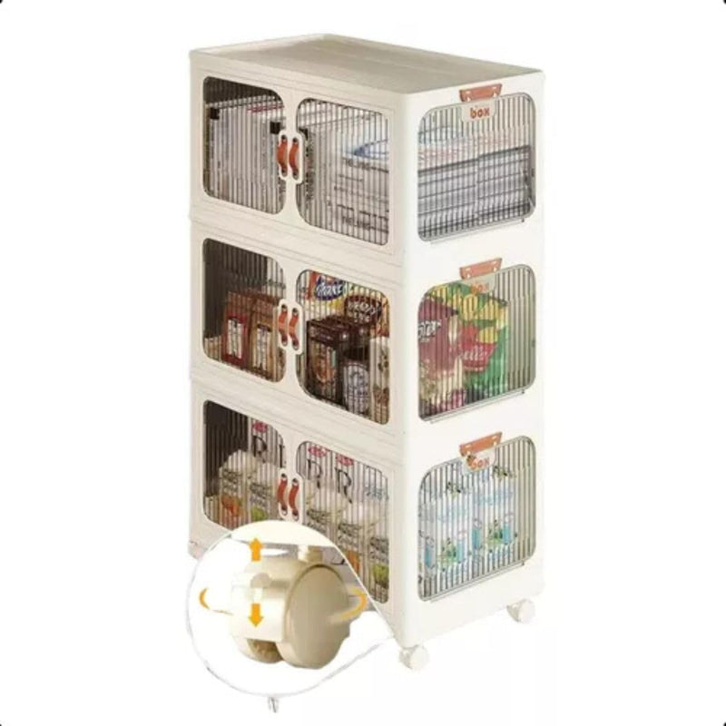 Armário Multiuso 3 Caixa Armazenamento Organizador Dobrável Com Rodinha Empilhável Vertical Prateleira Organizadora Guarda Roupas Visor Transparente Para Quarto Dispensa Sapateira - Presente Park